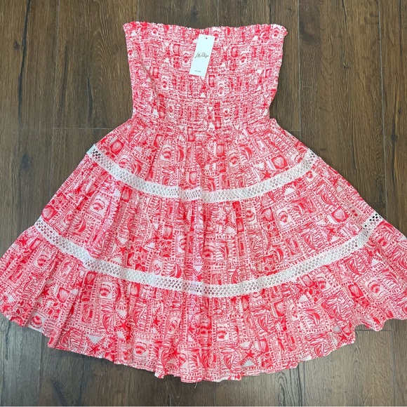 🆕 Lilly Pulitzer Kelvina Strapless Smocked Red & White Dress NEW RTL $178 SZ LG - Picture 2 of 5